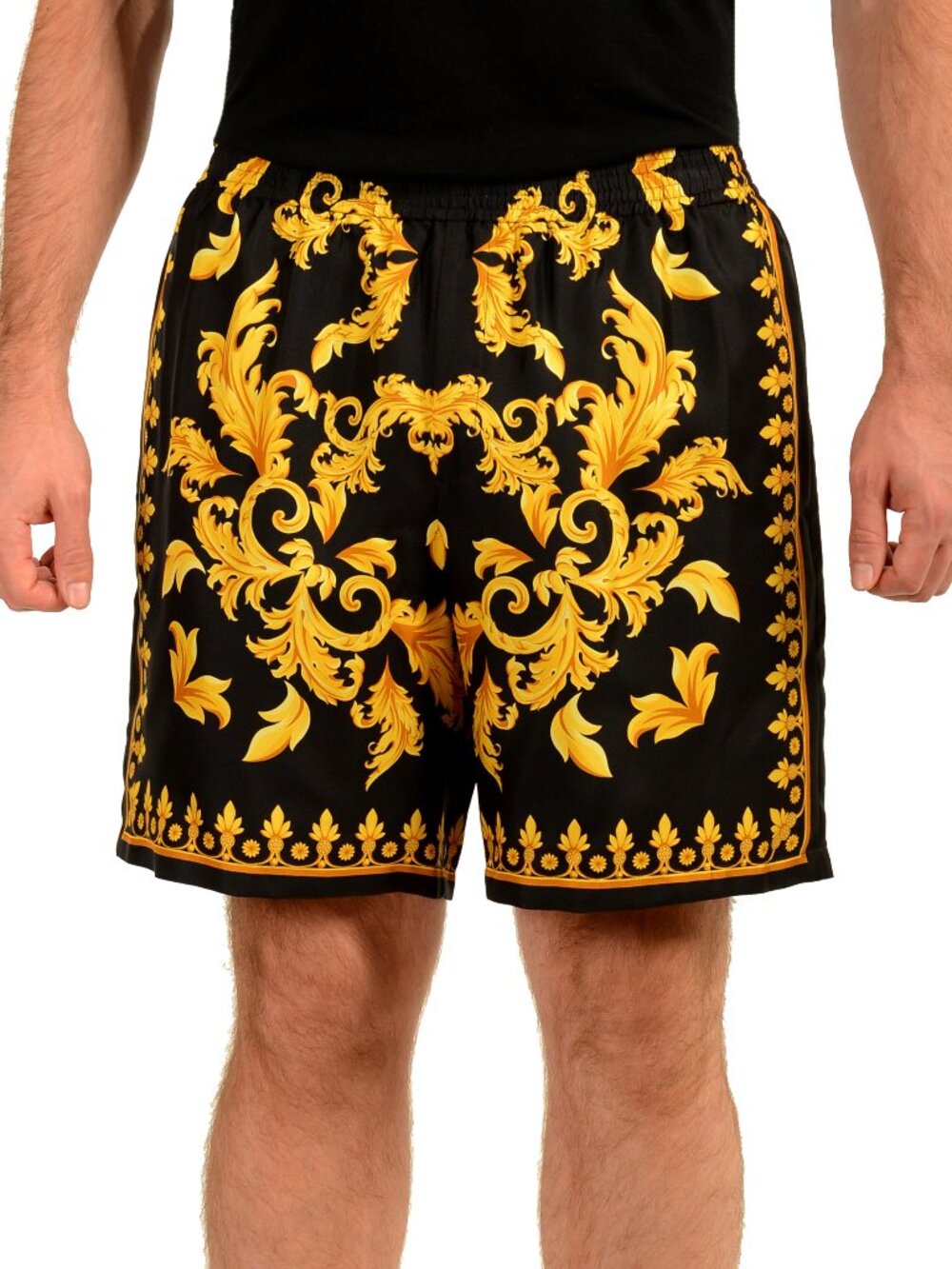 Versace Men's Black & Gold Barocco Print 100% Silk Shorts US 2XL IT 56